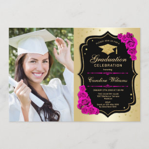 Invitation Graduation avec photo - Gold Black Hot Pink
