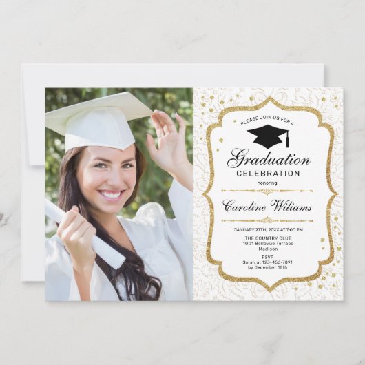 Invitation Graduation avec photo - Gold Blanc (Devant)
