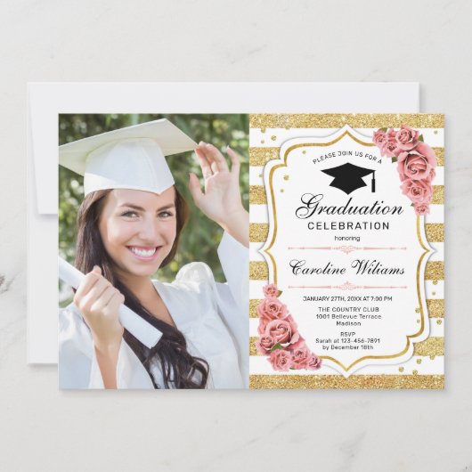 Invitation Graduation avec photo - Gold Blush Rose (Devant)