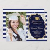 Invitation Graduation avec photo - Gold Navy White (Devant / Derrière)