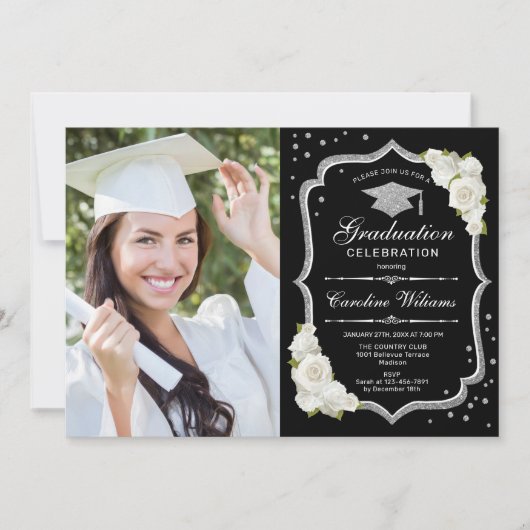 Invitation Graduation avec photo - Noir Argent Blanc (Devant)