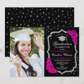Invitation Graduation avec photo - Noir Argent Rose (Devant / Derrière)