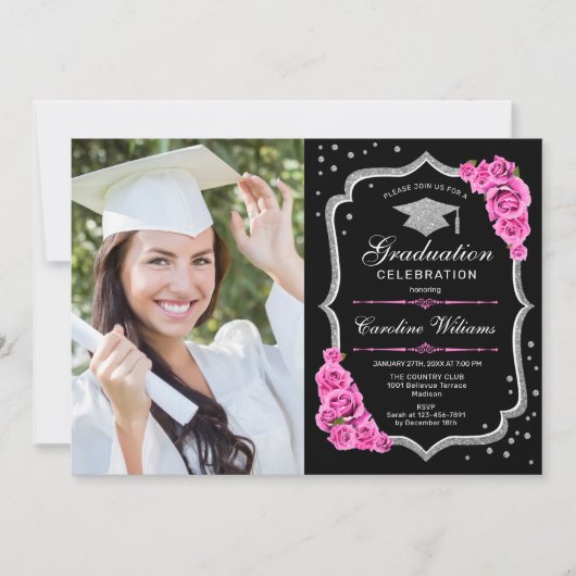 Invitation Graduation avec photo - Noir Argent Rose (Devant)