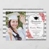 Invitation Graduation Avec Photo - Silver Blush Rose (Devant / Derrière)