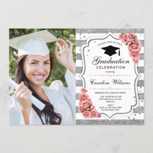 Invitation Graduation Avec Photo - Silver Blush Rose