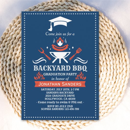 Invitation Graduation BBQ Backyard Navy Blue
