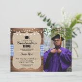 Invitation Graduation BBQ Photo Burlap Blue Rustic Wood (Debout devant)