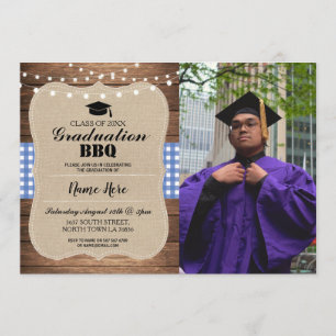 Invitation Graduation BBQ Photo Burlap Blue Rustic Wood