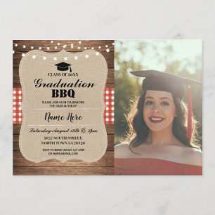 Invitation Graduation BBQ Photo Burlap Red Rustic Wood