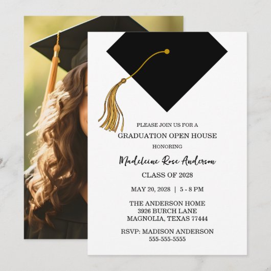 Invitation Graduation Black Cap And Tassel Photo Open House  (Devant / Derrière)