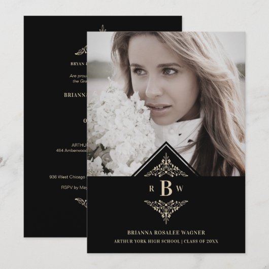 Invitation Graduation Black Golden Chic Lace Romantic Photo (Devant / Derrière)