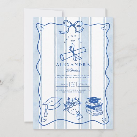Invitation Graduation Bleue Tirée À La Main Rétro (Devant)