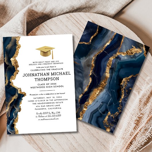Invitation Graduation Blue Gold Agate Graduation
