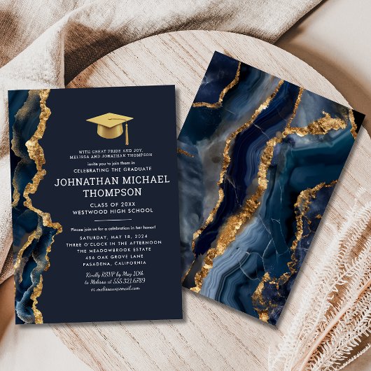 Invitation Graduation Blue Gold Agate Graduation