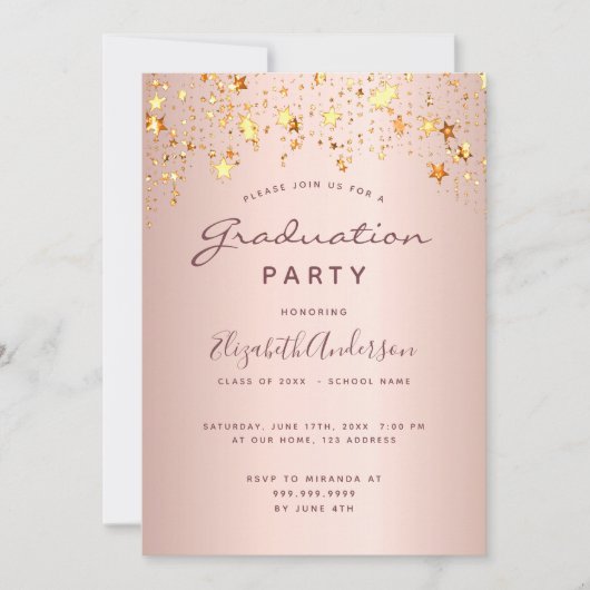 Invitation Graduation blush rose or rose étoiles 2025 (Devant)