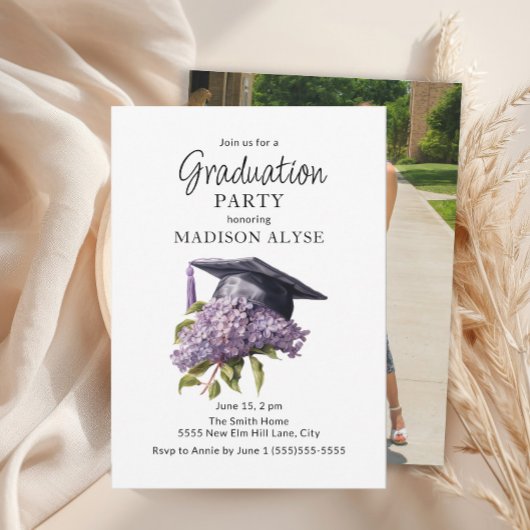 Invitation Graduation Cap Purple Floral Photo Graduation