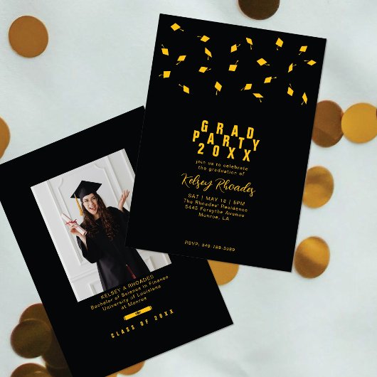 Invitation Graduation Cap Toss Black & Gold Grad Party