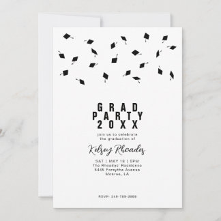 Invitation Graduation Cap Toss Black & White Grad Party