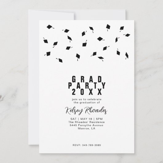 Invitation Graduation Cap Toss Black & White Grad Party (Devant)