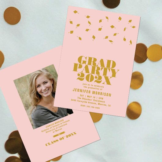 Invitation Graduation Cap Toss Blush & Gold Grad Party