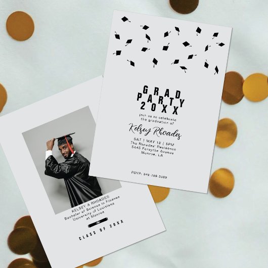 Invitation Graduation Cap Toss Silver & Black Grad Party