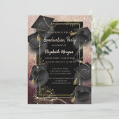 Invitation Graduation Caps Rose Gold Glitter Graduation Party (Debout devant)
