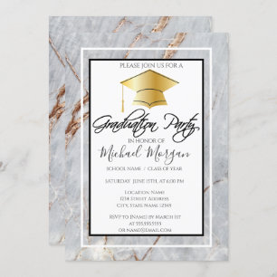 Invitation Graduation Casquette d'or Marble Pierre de la fête