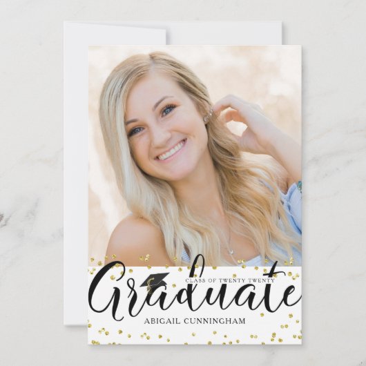 Invitation Graduation Chic Script Typographie Or Confetti (Devant)