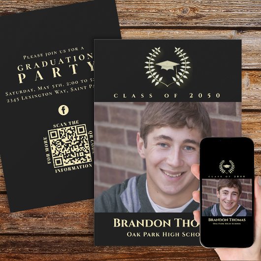 Invitation Graduation Classique Photo Lauréat Laurel Gold