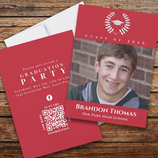 Invitation Graduation Classique Photo Lauréat Laurel Red