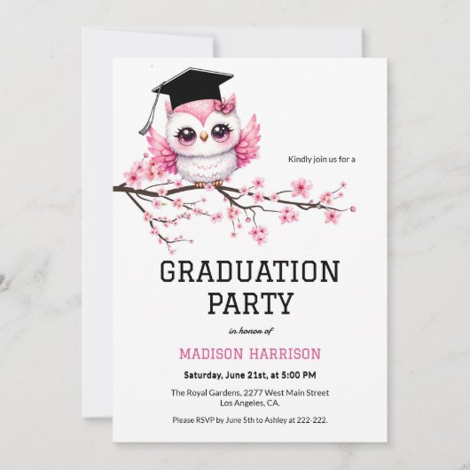 Invitation Graduation de la Chouette rose (Devant)