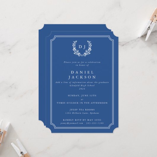 Invitation Graduation de la couronne de laurier de monogramme (Devant/Arrière en situation)
