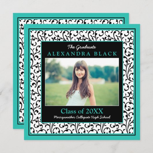 Invitation Graduation de la photo en noir blanc turquoise (Devant / Derrière)