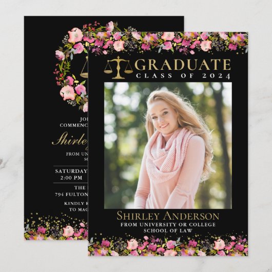 Invitation Graduation de l'école de droit moderne Pink Floral (Devant / Derrière)