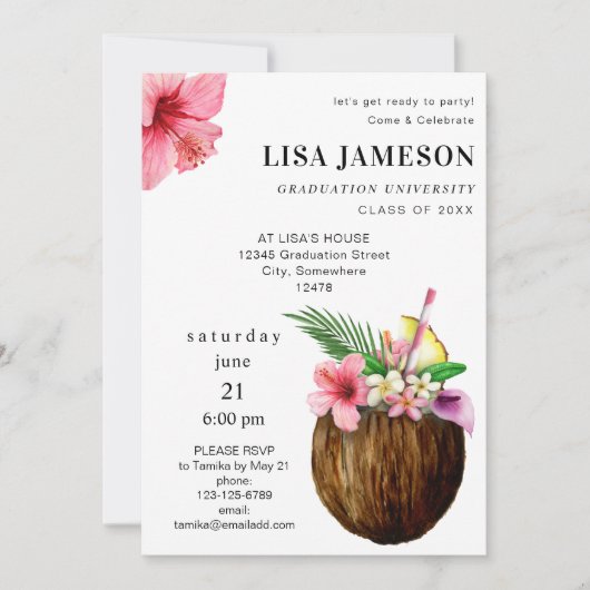 Invitation Graduation de noix de coco tropicale V2 (Devant)
