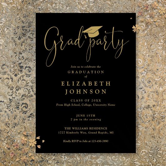Invitation Graduation De Script Black And Gold Grad Party