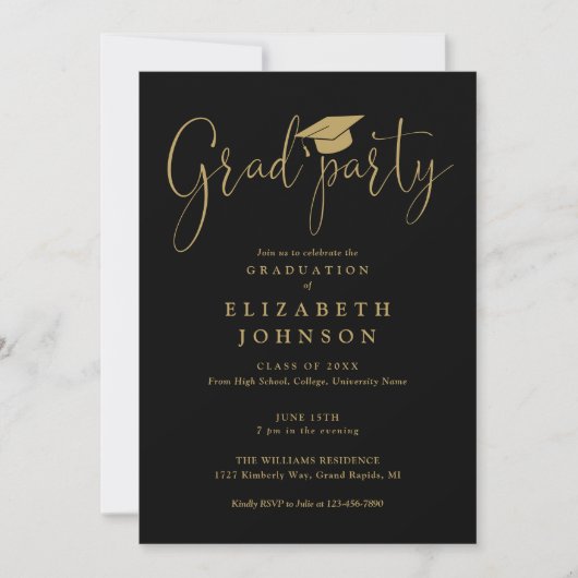Invitation Graduation De Script Black And Gold Grad Party (Devant)