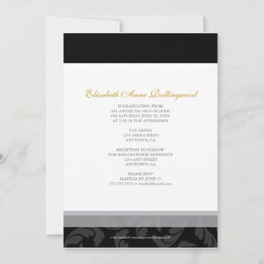 Invitation Graduation de texte soignée : Noir et or (Dos)