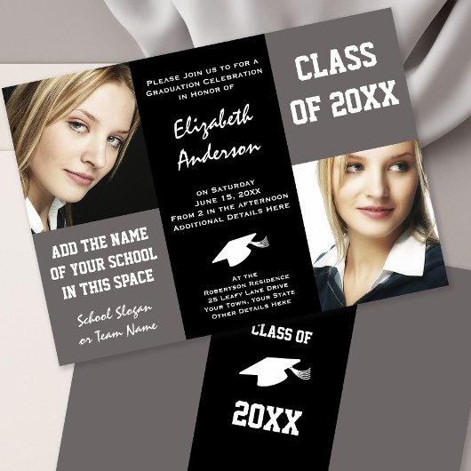 Invitation Graduation Elegant Grey and Black Young Woman