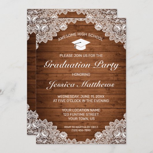Invitation Graduation en bois rustique et dentelle blanche (Devant / Derrière)