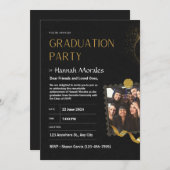 Invitation Graduation en noir et or, avec diplôme en photo (Devant / Derrière)