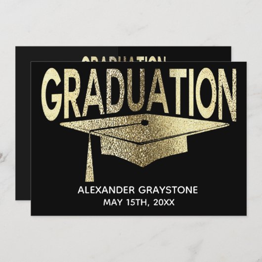 Invitation Graduation Enregistrer La Date Moderne Faux Or Noi (Devant / Derrière)