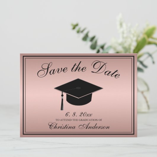 Invitation Graduation Enregistrer la date Script Rose Gold (Debout devant)
