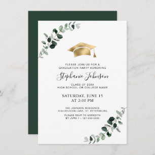 Invitation Graduation Eucalyptus Gold Casquette et Tassel Par