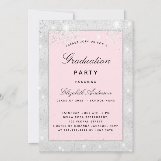 Invitation Graduation fête argent brush parties scintillant é (Devant)