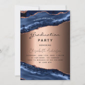 Invitation Graduation fête bleue agate marbre rose or (Devant)