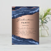 Invitation Graduation fête bleue agate marbre rose or (Debout devant)