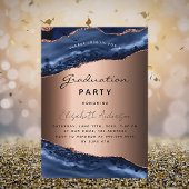 Invitation Graduation fête bleue agate marbre rose or