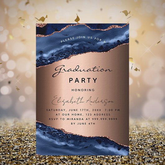 Invitation Graduation fête bleue agate marbre rose or