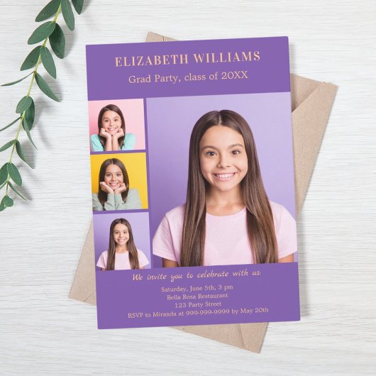 Invitation Graduation fête violet photo collage